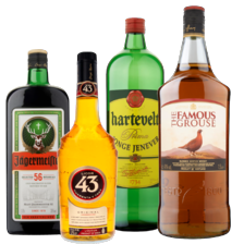 Hartevelt jenever,
the Famous Grouse whisky fles à 1.5 liter
of Jägermeister of Licor 43 fles à 1.75 liter